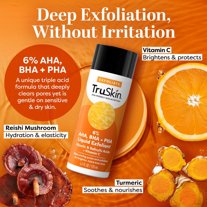 TruSkin BHA Liquid Exfoliant & Toner for Face - Triple Acid AHA BHA PHA Exfoliator with Salicylic, Glycolic Acid & Vitamin C - Improves Look of Tone & Texture, Unclogs Pores, 4.2 fl oz - Image 3