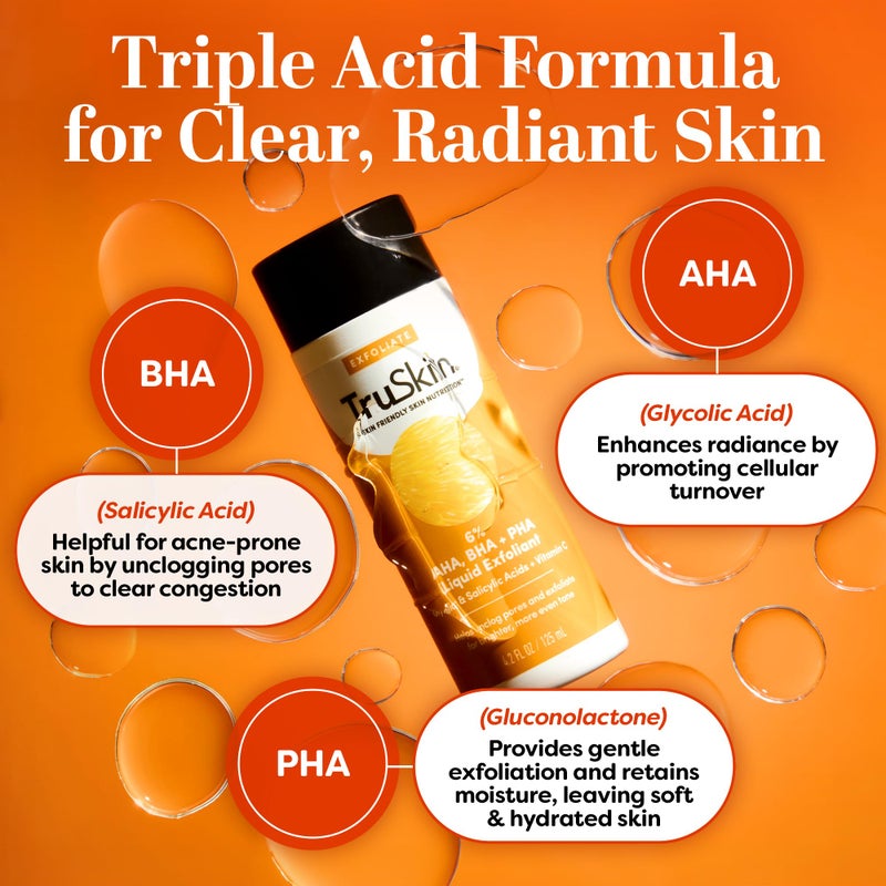 TruSkin BHA Liquid Exfoliant & Toner for Face - Triple Acid AHA BHA PHA Exfoliator with Salicylic, Glycolic Acid & Vitamin C - Improves Look of Tone & Texture, Unclogs Pores, 4.2 fl oz - Image 4