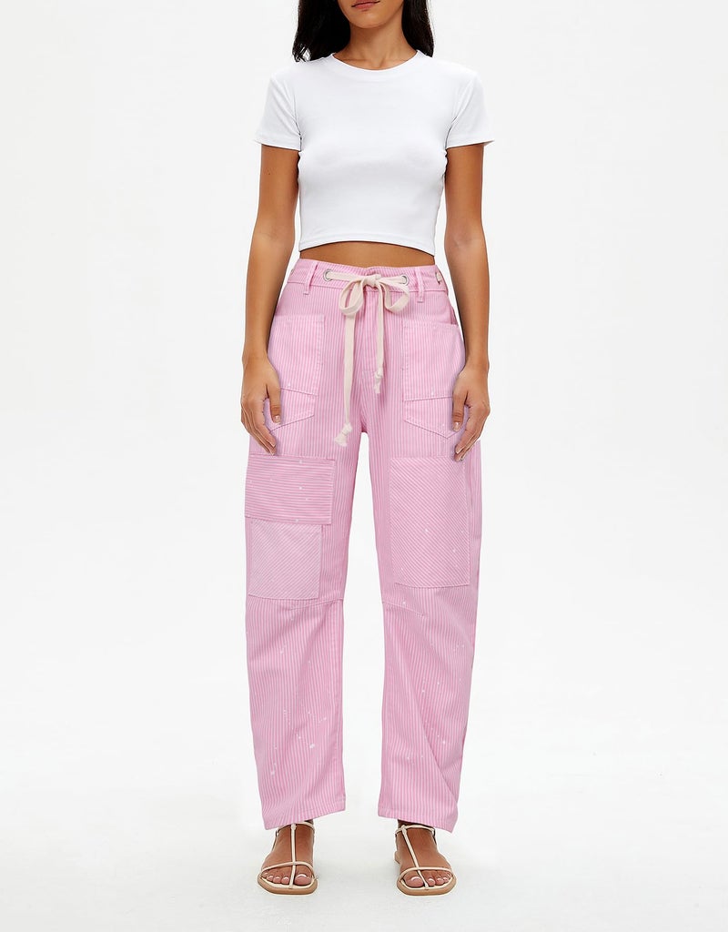 Kedera Barrel Jeans for Women Patchwork Striped Low-Slung Loose Wide Leg Cargo Baggy Pants Y2k Vintage Denim Pants Pink - Image 4