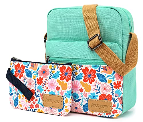 Leaper Girls Crossbody Purses 2 PCS Floral Messenger Bag Canvas Crossbody Bag and Purse Set for Women (SD07-Water Blue) - Image 2