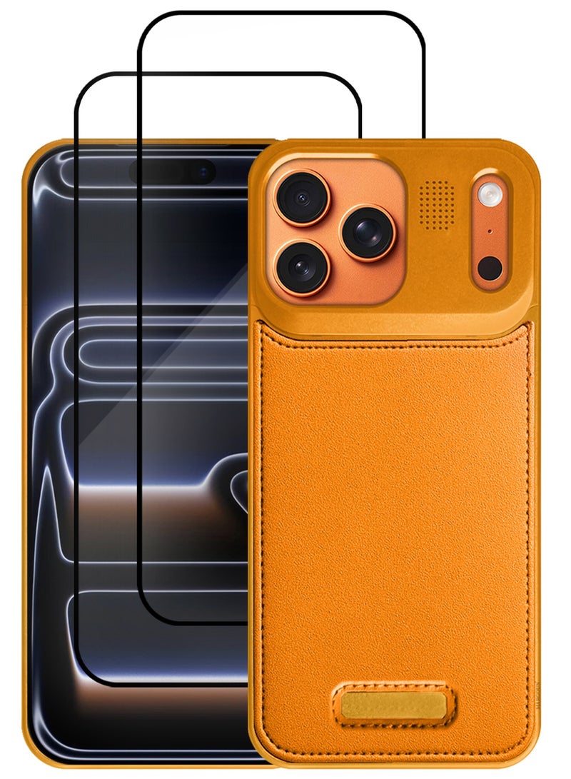 3 Pieces of Luxury Leather Aluminum Alloy Aromatherapy Case for iPhone 17 Pro Max - MagSafe Compatible - Shockproof - Camera Lens Protection - with Two 3D Screen Protectors - Cosmic Orange