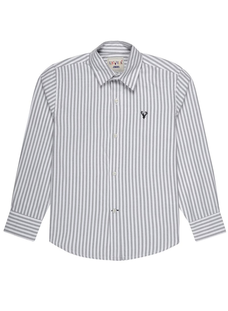 U.S. ELK Boys' Long Sleeve Oxford Dress Shirt | Kids Classic Formal Button Down Shirt | Collared Neck Striped Cotton Shirt - White-Grey  - Image 1