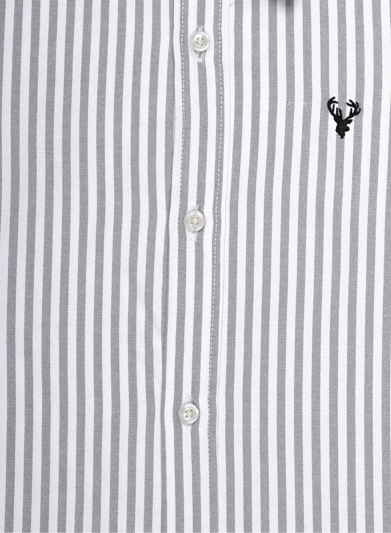 U.S. ELK Boys' Long Sleeve Oxford Dress Shirt | Kids Classic Formal Button Down Shirt | Collared Neck Striped Cotton Shirt - White-Grey  - Image 3