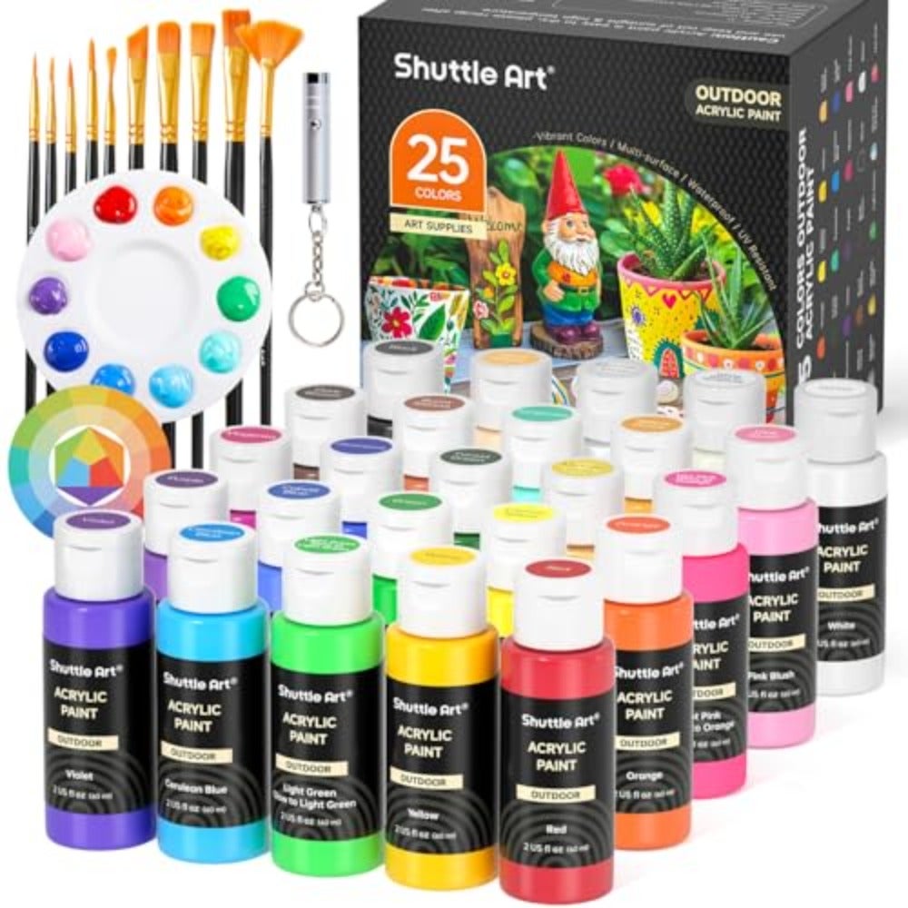 25 Colours Outdoor Acrylic Paint, 2oz/60ml Paint for Garden Ornaments with 10 Brushes 1 Palette, Waterproof Acrylic Paints for Artists, Beginners on Rocks, Wood Crafts, Garden Statues