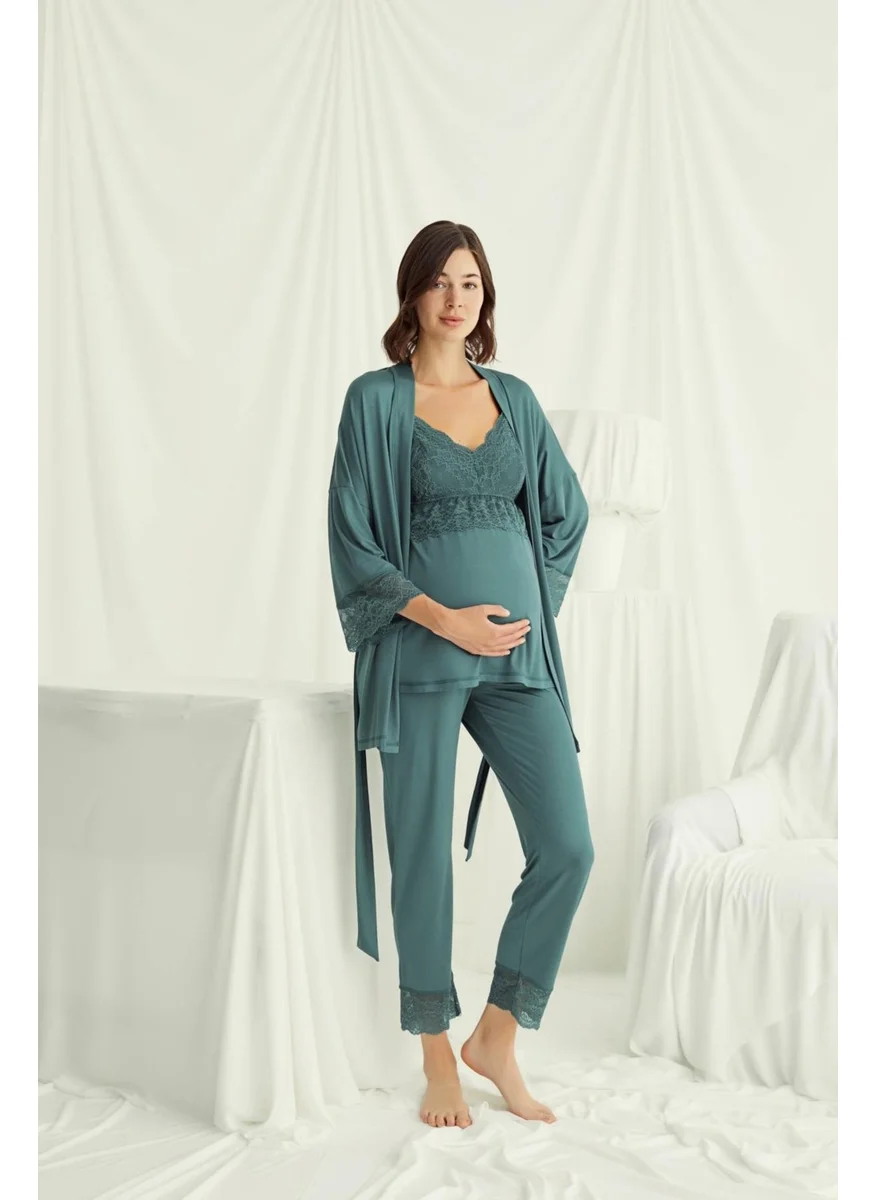 Monamise Women's Lace Maternity and Postpartum 3-Piece Pajama Set