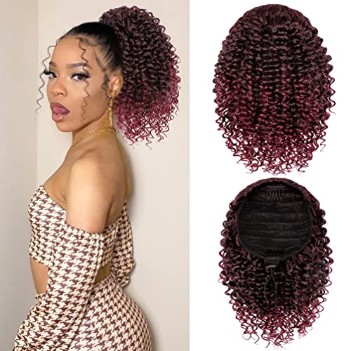 rosmile Short Kinky Curly Ponytail Extension for Black Women 10 Inch Ombre Natural Black To Burgundy Drawstring Curly Ponytail with Two Clips Synthetic Afro Drawstring Ponytail for Black Women - Image 1