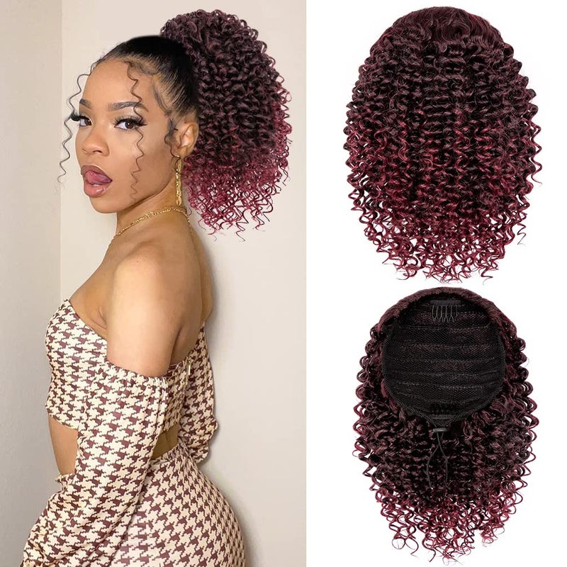 rosmile Short Kinky Curly Ponytail Extension for Black Women 10 Inch Ombre Natural Black To Burgundy Drawstring Curly Ponytail with Two Clips Synthetic Afro Drawstring Ponytail for Black Women - Image 2