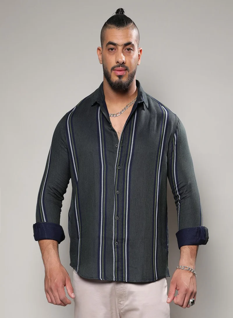 Instafab Plus Men's Emerald Green Halo Striped Shirt For Casual Wear | Spread Collar | Long Sleeve | Button Closure | Shirt Crafted With Comfort Fit For Everyday Wear
