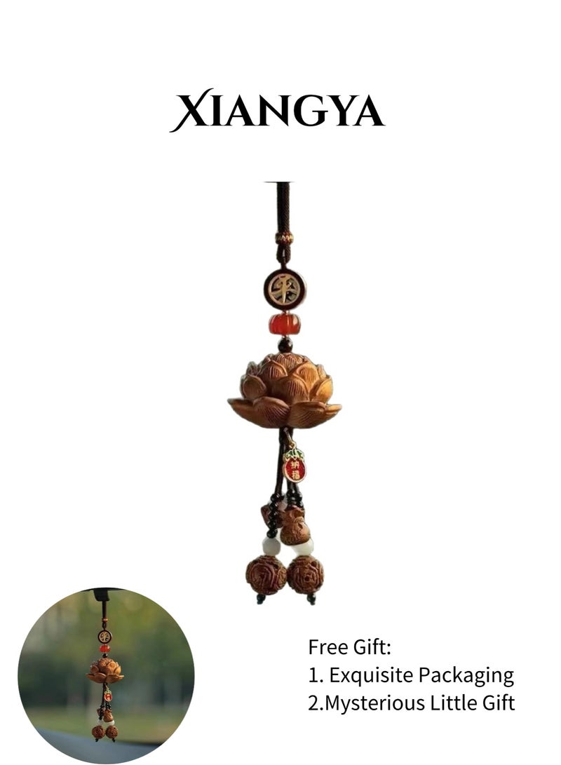 XIANGYA Car Mirror Hanging -Carved Lotus Car Decoration Accessories – Peach Wood & Bodhi Beads with Red Agate Accents, Car Accessories Hanger for Car Interior Decoration, Multi-Use Charm for Bag or Keychain - Image 1