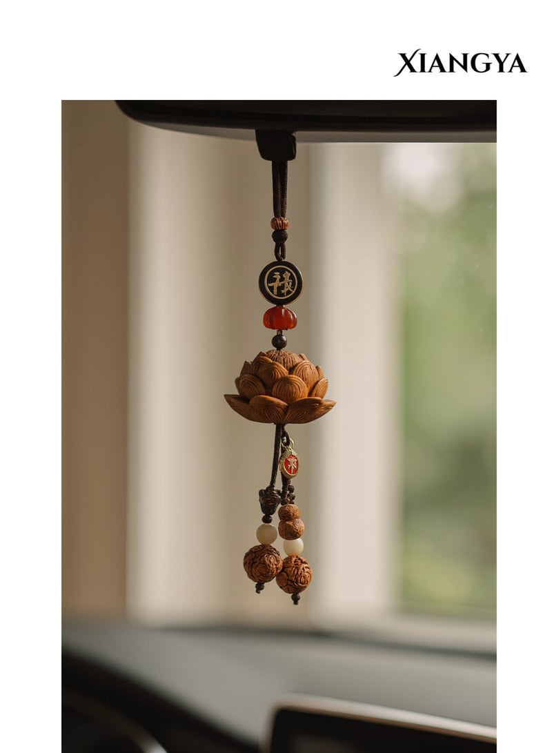 XIANGYA Car Mirror Hanging -Carved Lotus Car Decoration Accessories – Peach Wood & Bodhi Beads with Red Agate Accents, Car Accessories Hanger for Car Interior Decoration, Multi-Use Charm for Bag or Keychain - Image 3