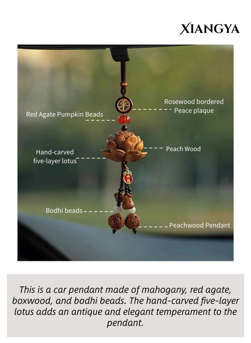 XIANGYA Car Mirror Hanging -Carved Lotus Car Decoration Accessories – Peach Wood & Bodhi Beads with Red Agate Accents, Car Accessories Hanger for Car Interior Decoration, Multi-Use Charm for Bag or Keychain - Image 2