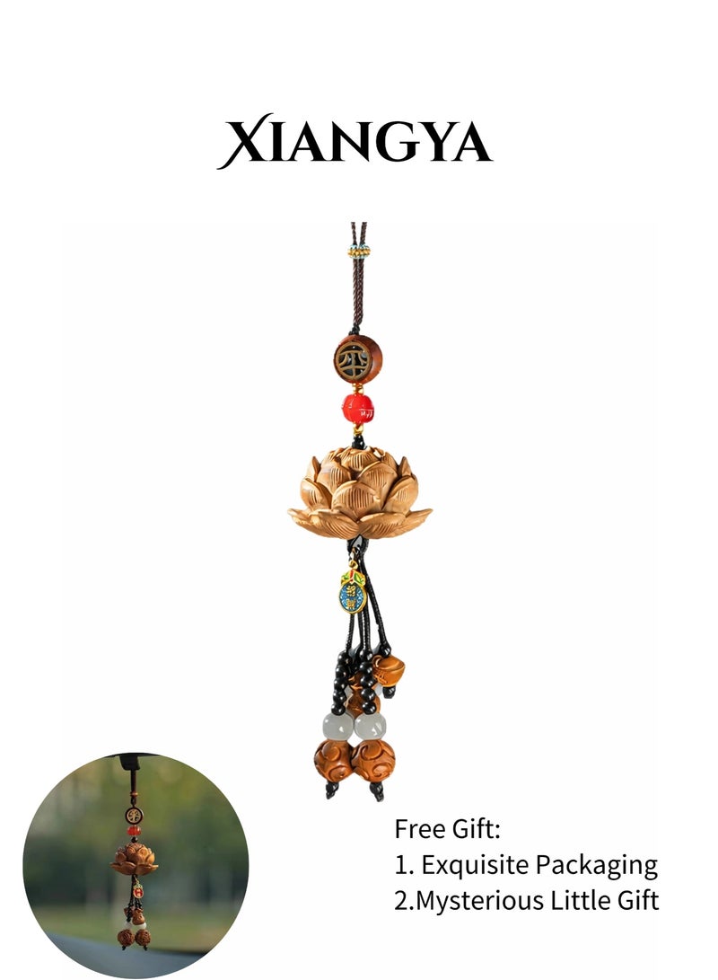 XIANGYA Car Mirror Hanging -Carved Lotus Car Decoration Accessories – Peach Wood & Bodhi Beads with Red Agate Accents, Car Accessories Hanger for Car Interior Decoration, Multi-Use Charm for Bag or Keychain - Image 1