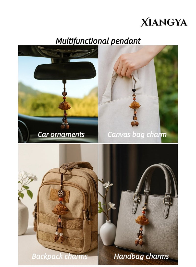 XIANGYA Car Mirror Hanging -Carved Lotus Car Decoration Accessories – Peach Wood & Bodhi Beads with Red Agate Accents, Car Accessories Hanger for Car Interior Decoration, Multi-Use Charm for Bag or Keychain - Image 5
