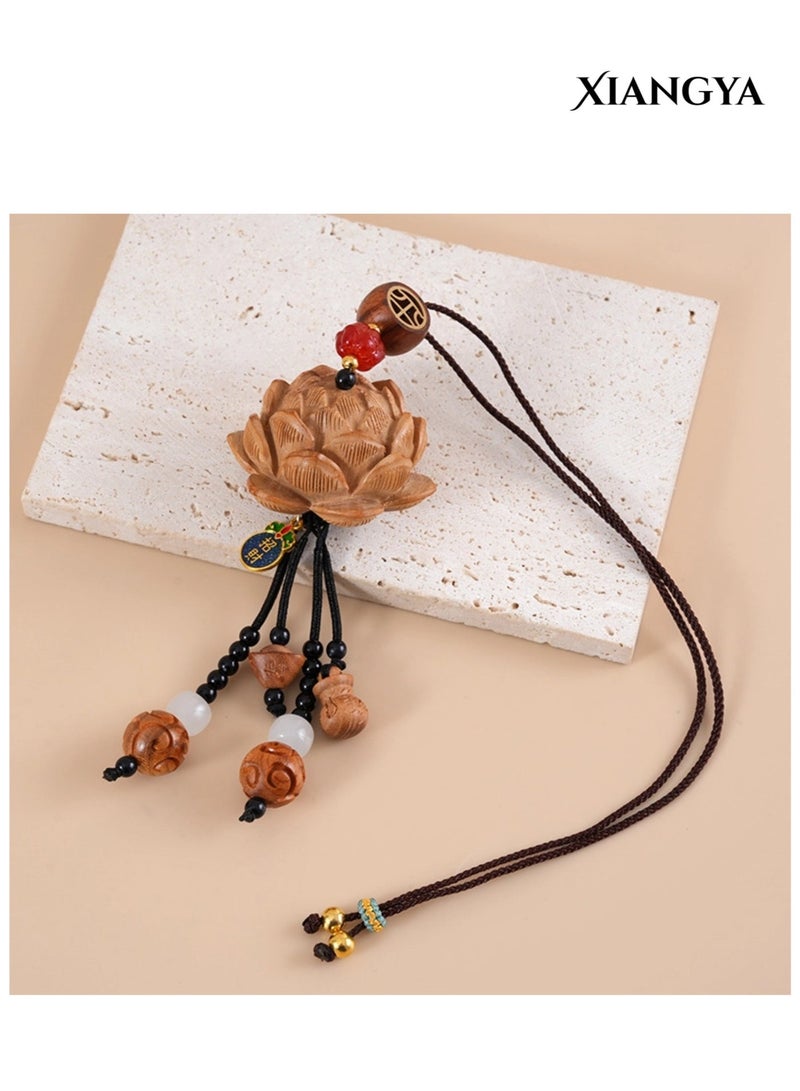 XIANGYA Car Mirror Hanging -Carved Lotus Car Decoration Accessories – Peach Wood & Bodhi Beads with Red Agate Accents, Car Accessories Hanger for Car Interior Decoration, Multi-Use Charm for Bag or Keychain - Image 2