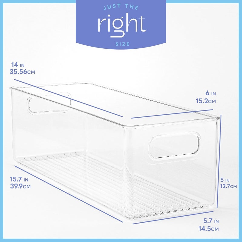 PrimeBox Plastic Food Storage 4 Pack Clear Container Bin with Handles for Organizing Kitchen, Pantry, Fridge, Freezer, Pantry, Bathroom. 14"x6"5" - Image 3