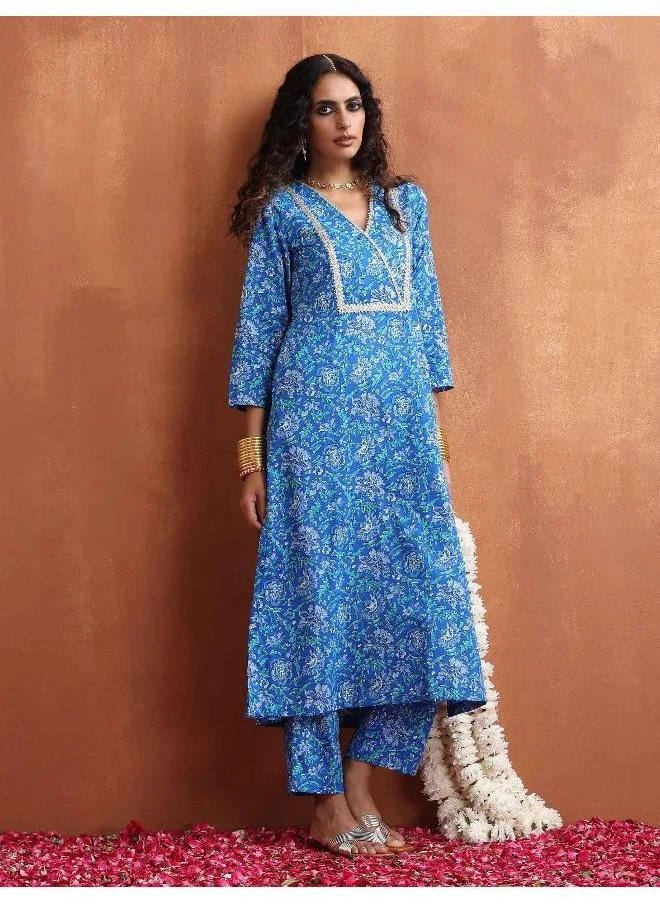 ترو برونز trueBrowns Blue Print Straight Kurta Set