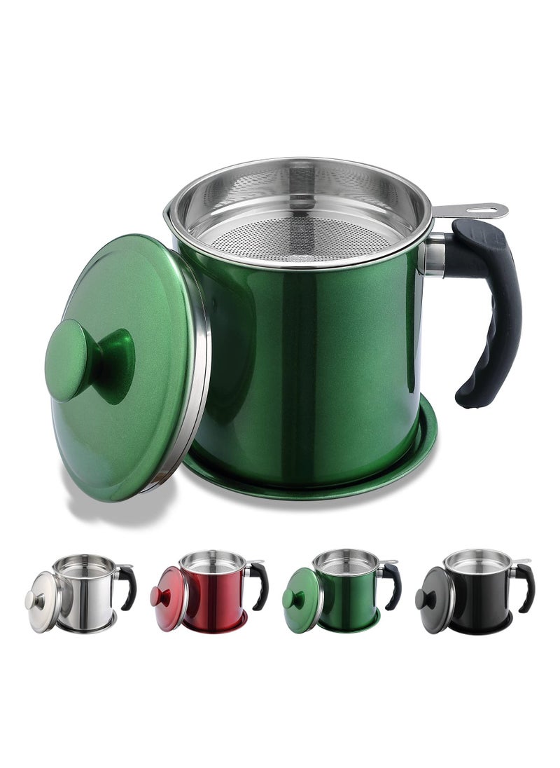 Grease Container with Strainer, 1.4L Stainless Steel Oil Container for Storing Used Cooking Oil with Lid u0026 Handle Suitable for Home Use (Green) - Image 1