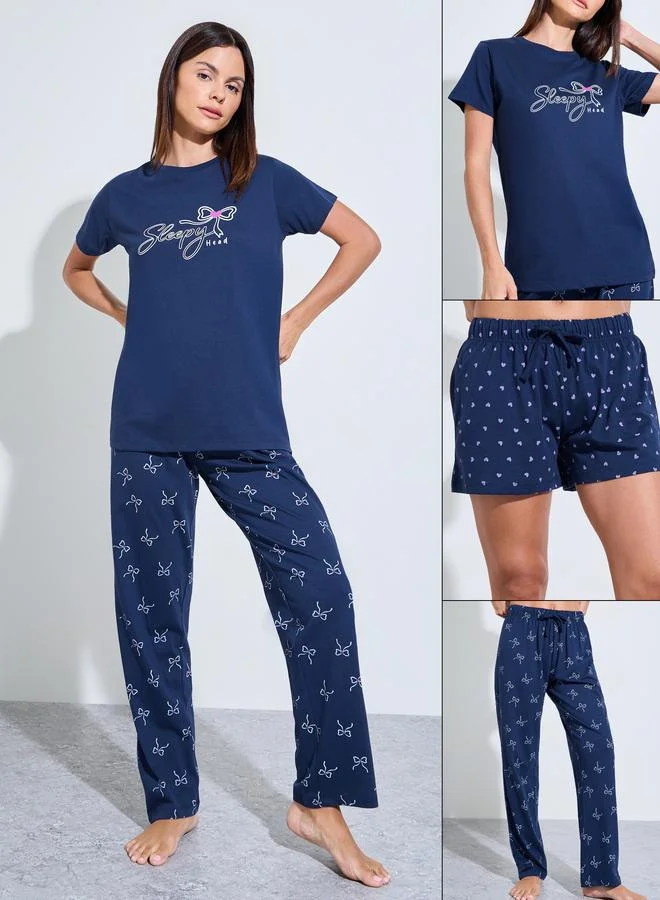 Styli Pack of 3 - Navy Graphic Print T-Shirt, Shorts and Pyjama Set