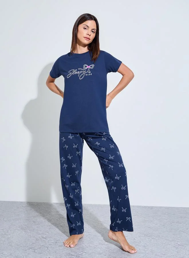 Styli Pack of 3 - Navy Graphic Print T-Shirt, Shorts and Pyjama Set