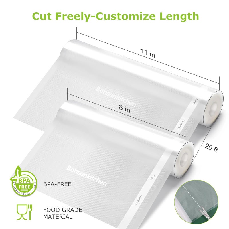 Bonsenkitchen Vacuum Sealer Rolls Bags, 6 Pack 3 Rolls 11" x 20' + 3 Rolls 8" x 20' Commercial Grade BPA Free Bag Rolls, Durable Customized Size Food Vac Bags for Storage and Sous Vide Cooking VB3211 - Image 2