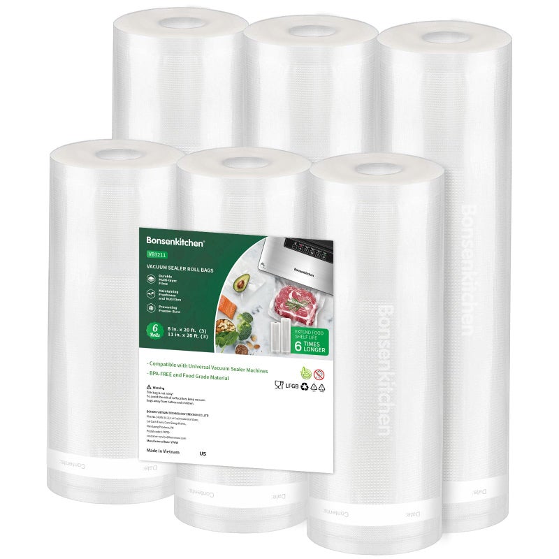 Bonsenkitchen Vacuum Sealer Rolls Bags, 6 Pack 3 Rolls 11" x 20' + 3 Rolls 8" x 20' Commercial Grade BPA Free Bag Rolls, Durable Customized Size Food Vac Bags for Storage and Sous Vide Cooking VB3211 - Image 1