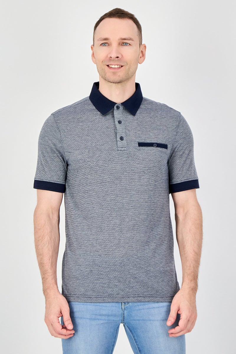 Thomas Sterling Men Regular Fit Short Sleeve Allover Print Polo Shirt, Navy Blue - Image 1