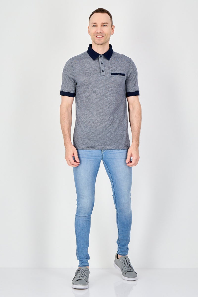 Thomas Sterling Men Regular Fit Short Sleeve Allover Print Polo Shirt, Navy Blue - Image 4