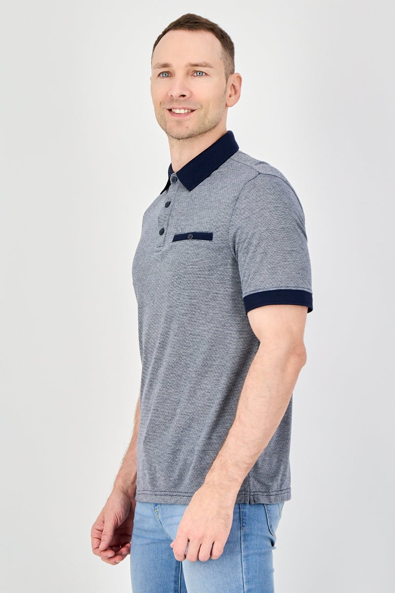Thomas Sterling Men Regular Fit Short Sleeve Allover Print Polo Shirt, Navy Blue - Image 2