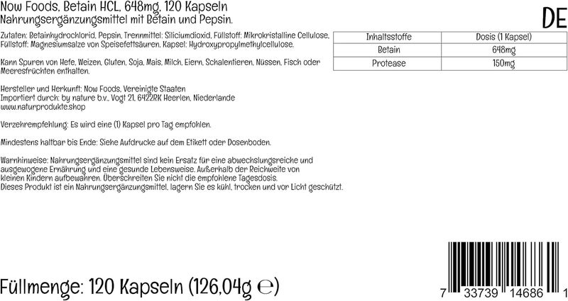 now Betaine HCl 648 mg with 150 mg Pepsin 120 Veg Capsules - Image 2