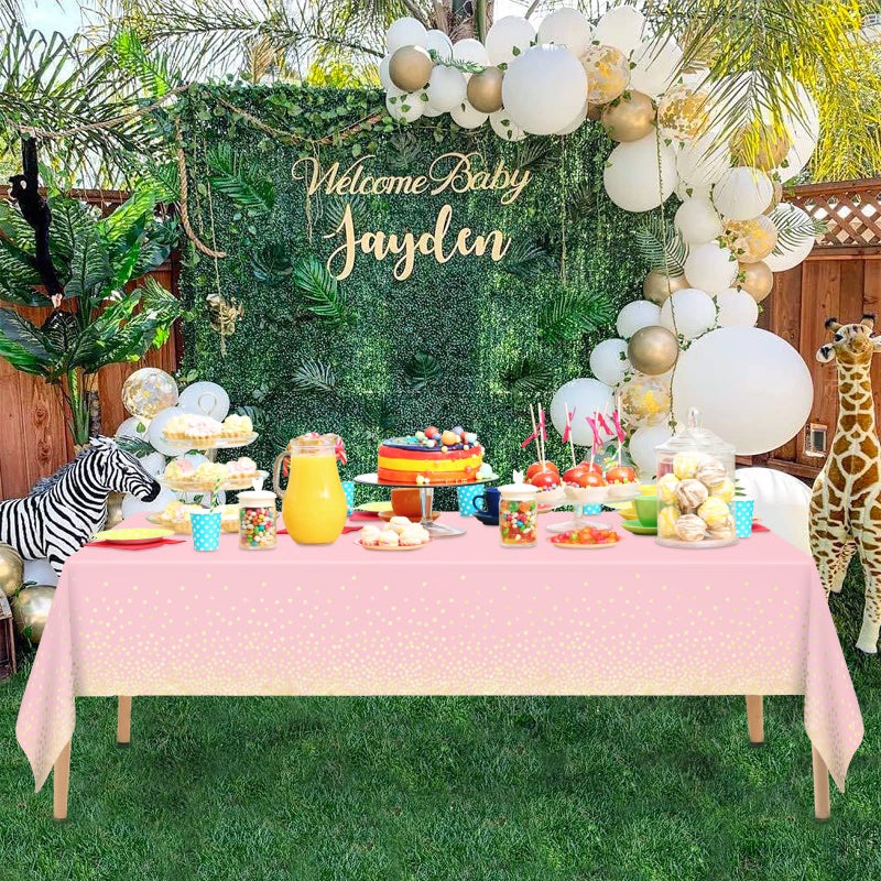 Mulbozy 2 Pcs Pink Tablecloth 54"Ã—108" Gold Dot Pink Table Cloth, Pink Disposable Plastic Tablecover for Birthday, Baby Shower, Picnic, Camping, Event & Partiesâ€¦ - Image 2