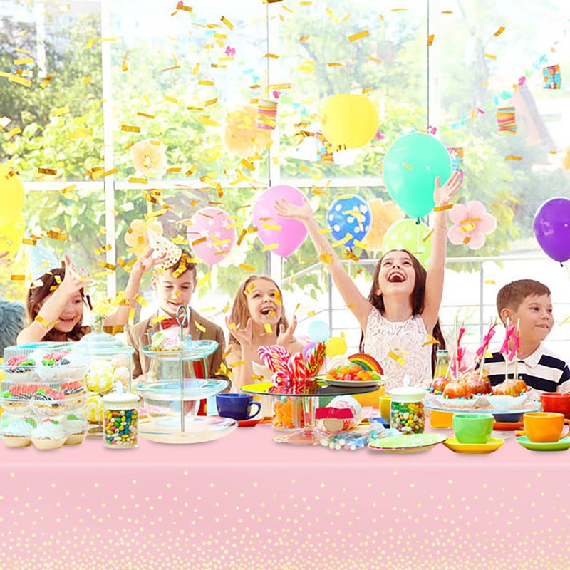 Mulbozy 2 Pcs Pink Tablecloth 54"Ã—108" Gold Dot Pink Table Cloth, Pink Disposable Plastic Tablecover for Birthday, Baby Shower, Picnic, Camping, Event & Partiesâ€¦ - Image 4