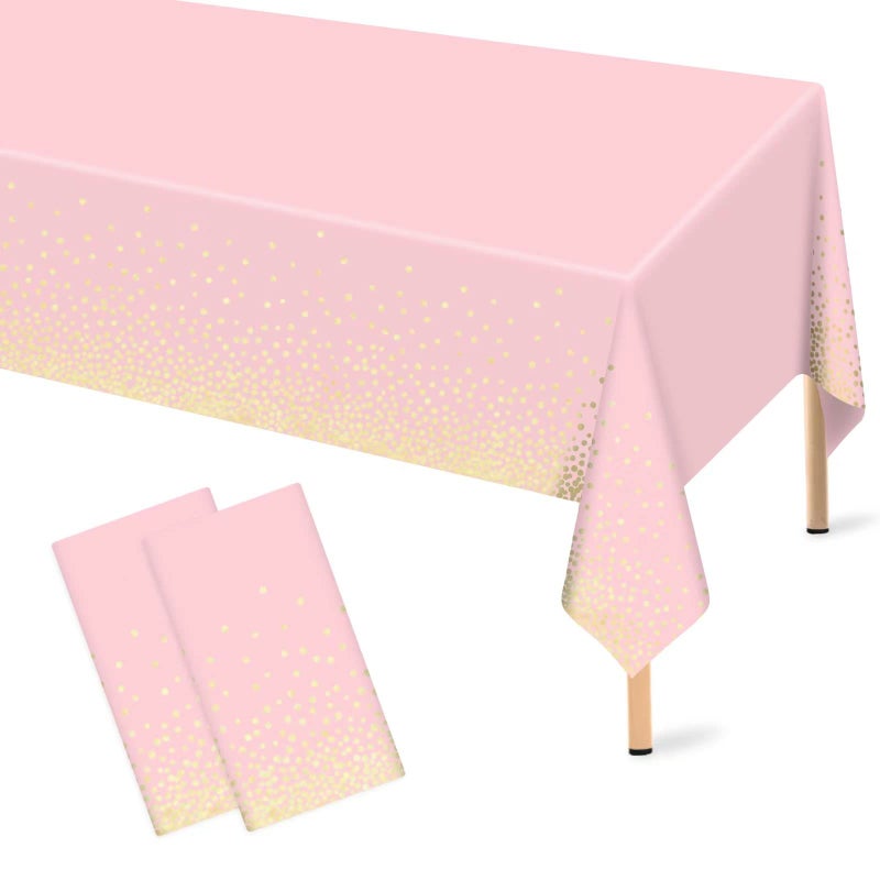 Mulbozy 2 Pcs Pink Tablecloth 54"Ã—108" Gold Dot Pink Table Cloth, Pink Disposable Plastic Tablecover for Birthday, Baby Shower, Picnic, Camping, Event & Partiesâ€¦ - Image 1
