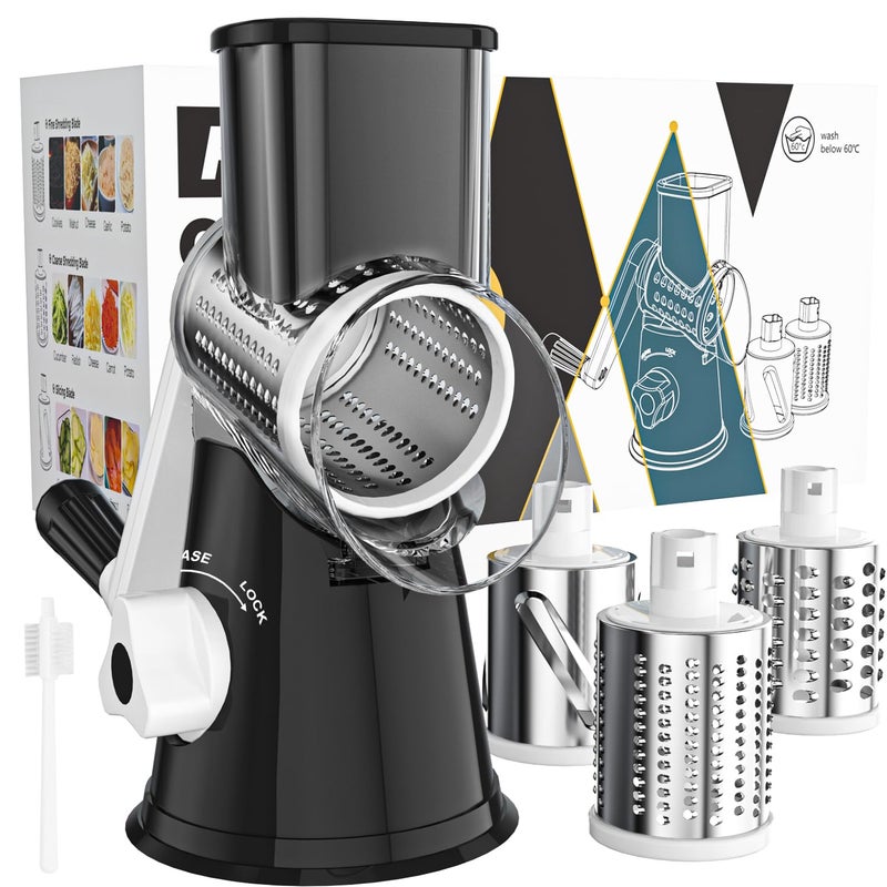 Cambom Rotary Cheese Grater Hand Crank Cheese Shredder For Fresh Cheese  Vegetable  Nuts Non-Slip Suction Base  Free Cleaning Brush Three Blades  Black - Image 1