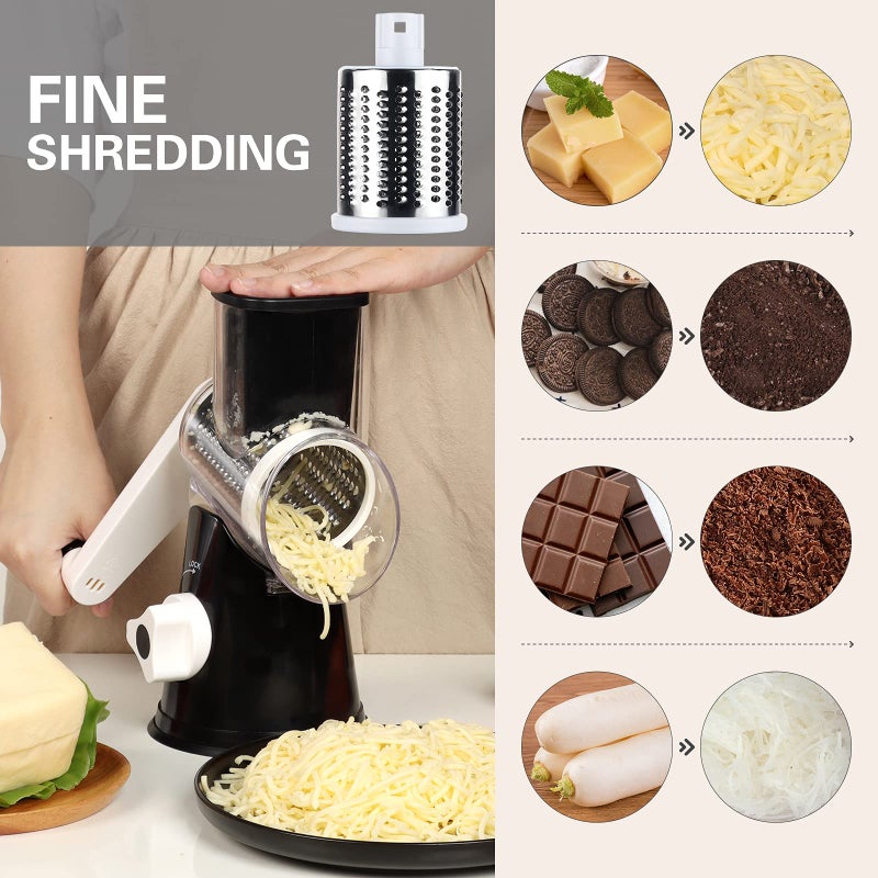 Cambom Rotary Cheese Grater Hand Crank Cheese Shredder For Fresh Cheese  Vegetable  Nuts Non-Slip Suction Base  Free Cleaning Brush Three Blades  Black - Image 4