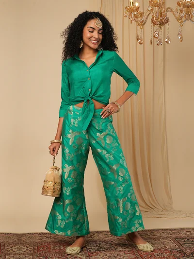 globus Women Cuffed Sleeves Crop Shirt With Brocade Trousers