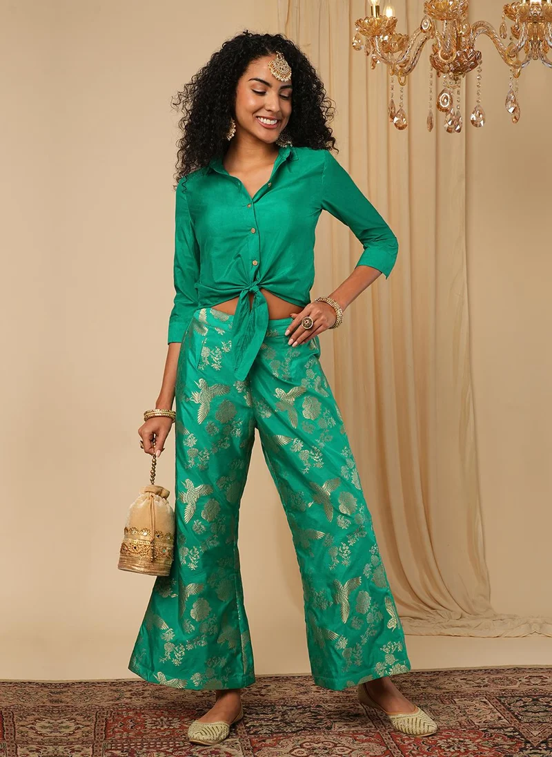 Globus Women Cuffed Sleeves Crop Shirt With Brocade Trousers