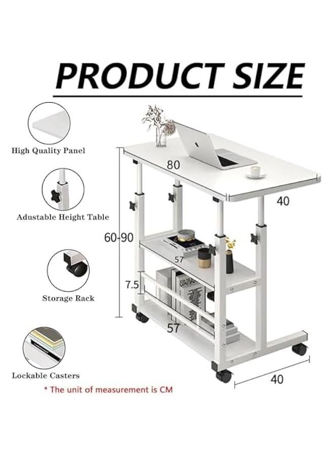 بيوينتي مكتب منزلي قابل للتعديل من فوكاتين محمول للدراسة والكمبيوتر للمساحات الصغيرة طاولة سرير جانبية قابلة للتحريك على عجلات للطالب لابتوب قائم صغير مع مساحة تخزين ابيض - Image 2