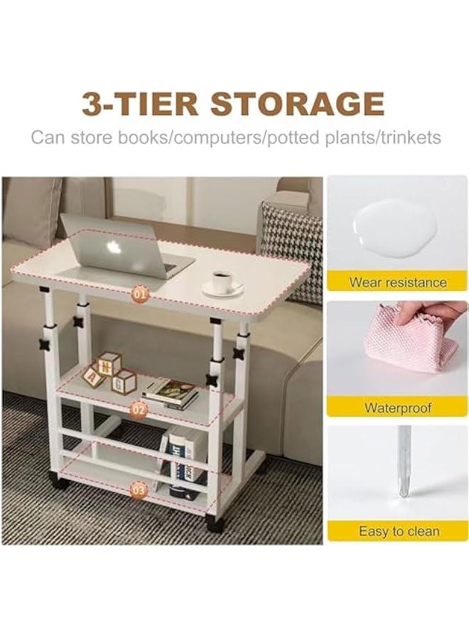 بيوينتي مكتب منزلي قابل للتعديل من فوكاتين محمول للدراسة والكمبيوتر للمساحات الصغيرة طاولة سرير جانبية قابلة للتحريك على عجلات للطالب لابتوب قائم صغير مع مساحة تخزين ابيض - Image 4