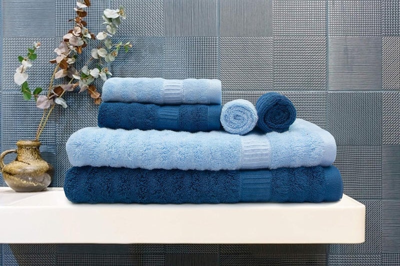 Mush Bamboo 6 PieceTowels Set | Ultra Soft, Absorbent and Antimicrobial 600 GSM (Bath Towel, Hand Towel and Face Towel) Perfect for Daily Use and Gifting (Navy & Sky) - Image 1