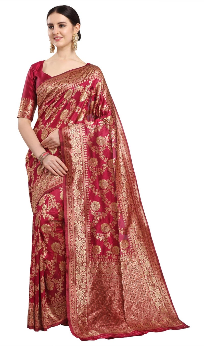 EthnicJunction Women's Banarasi Silk Jacquard Work Saree with Blouse Piece (Cherry Maroon), Maroon, One Size - Image 1