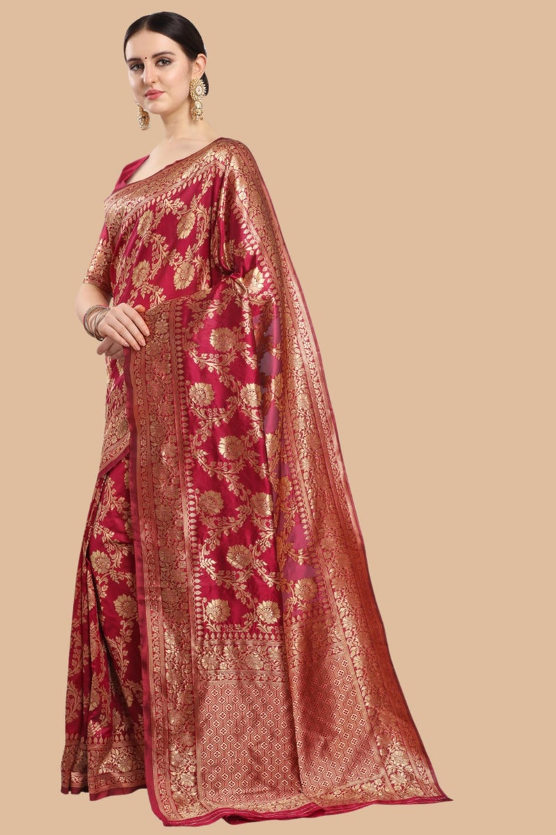 EthnicJunction Women's Banarasi Silk Jacquard Work Saree with Blouse Piece (Cherry Maroon), Maroon, One Size - Image 3