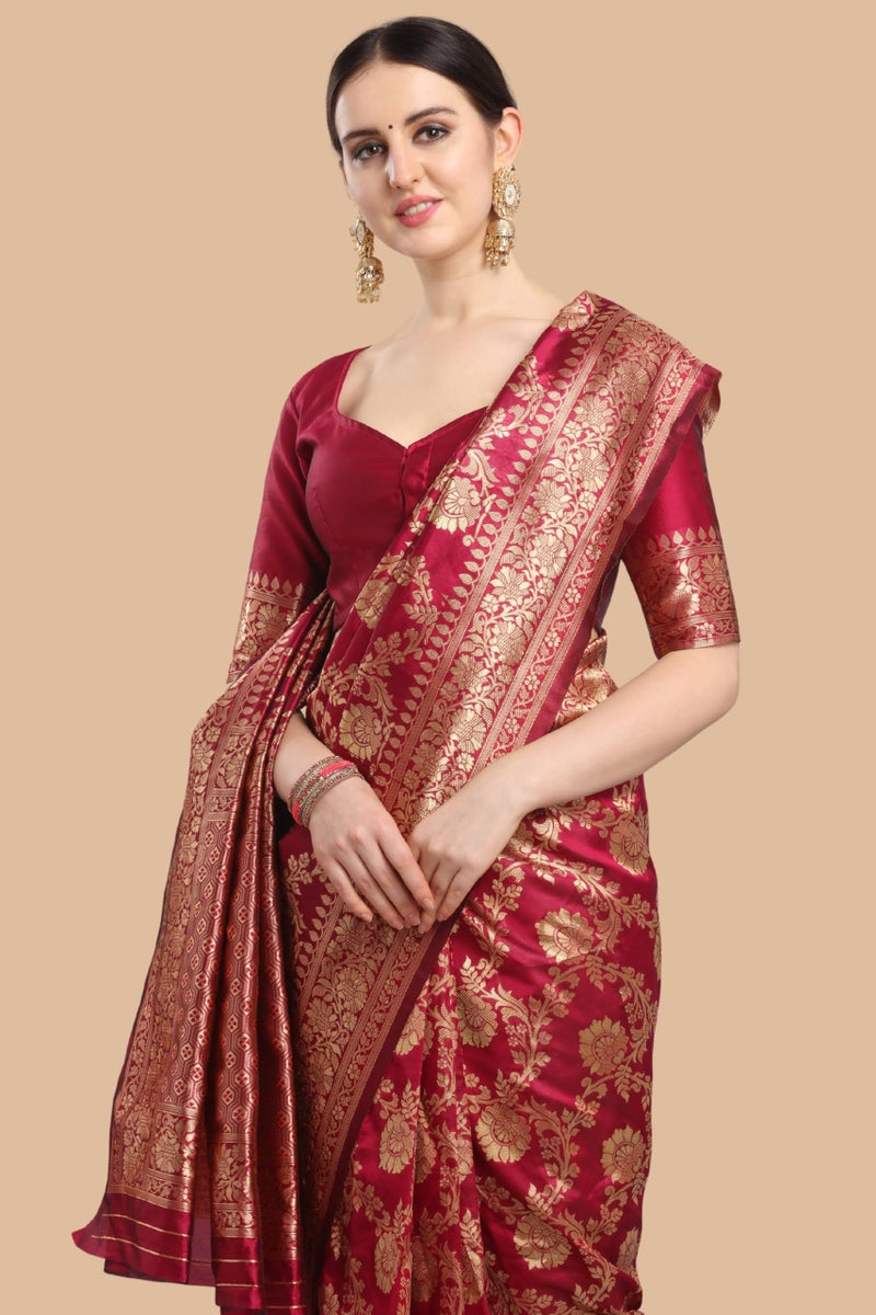 EthnicJunction Women's Banarasi Silk Jacquard Work Saree with Blouse Piece (Cherry Maroon), Maroon, One Size - Image 4