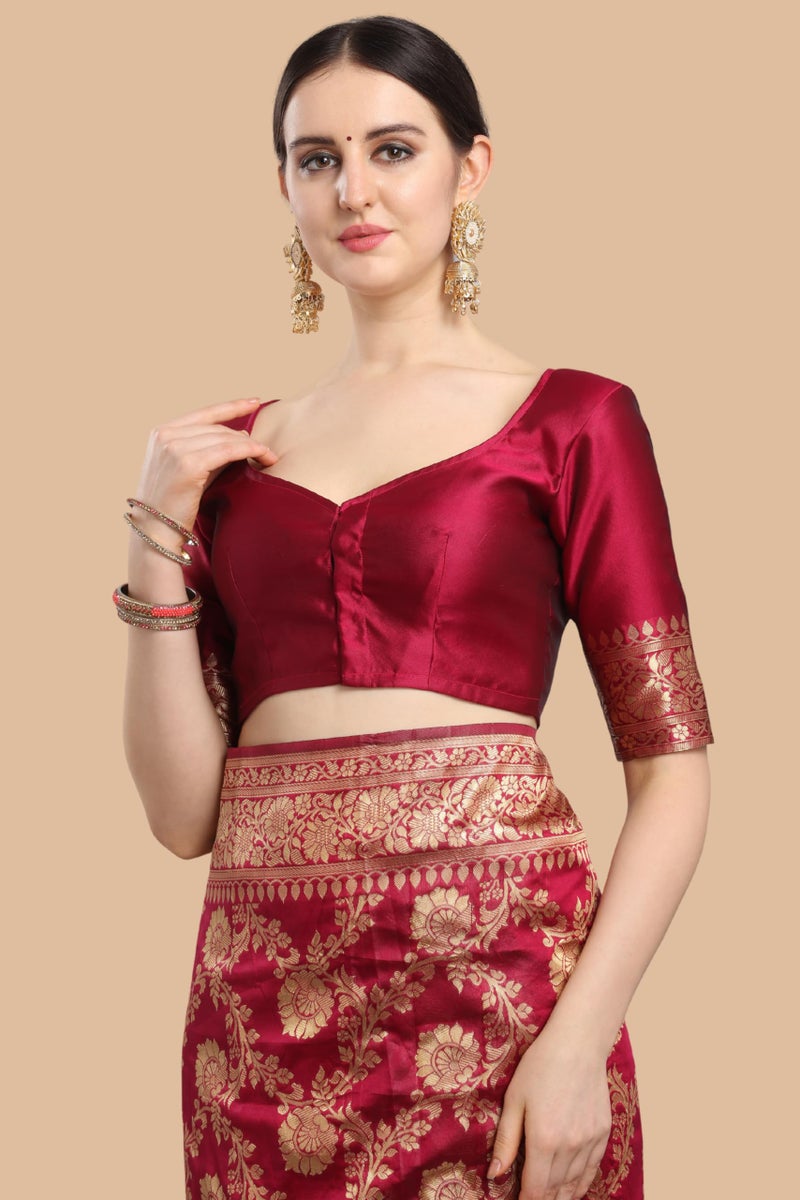 EthnicJunction Women's Banarasi Silk Jacquard Work Saree with Blouse Piece (Cherry Maroon), Maroon, One Size - Image 5