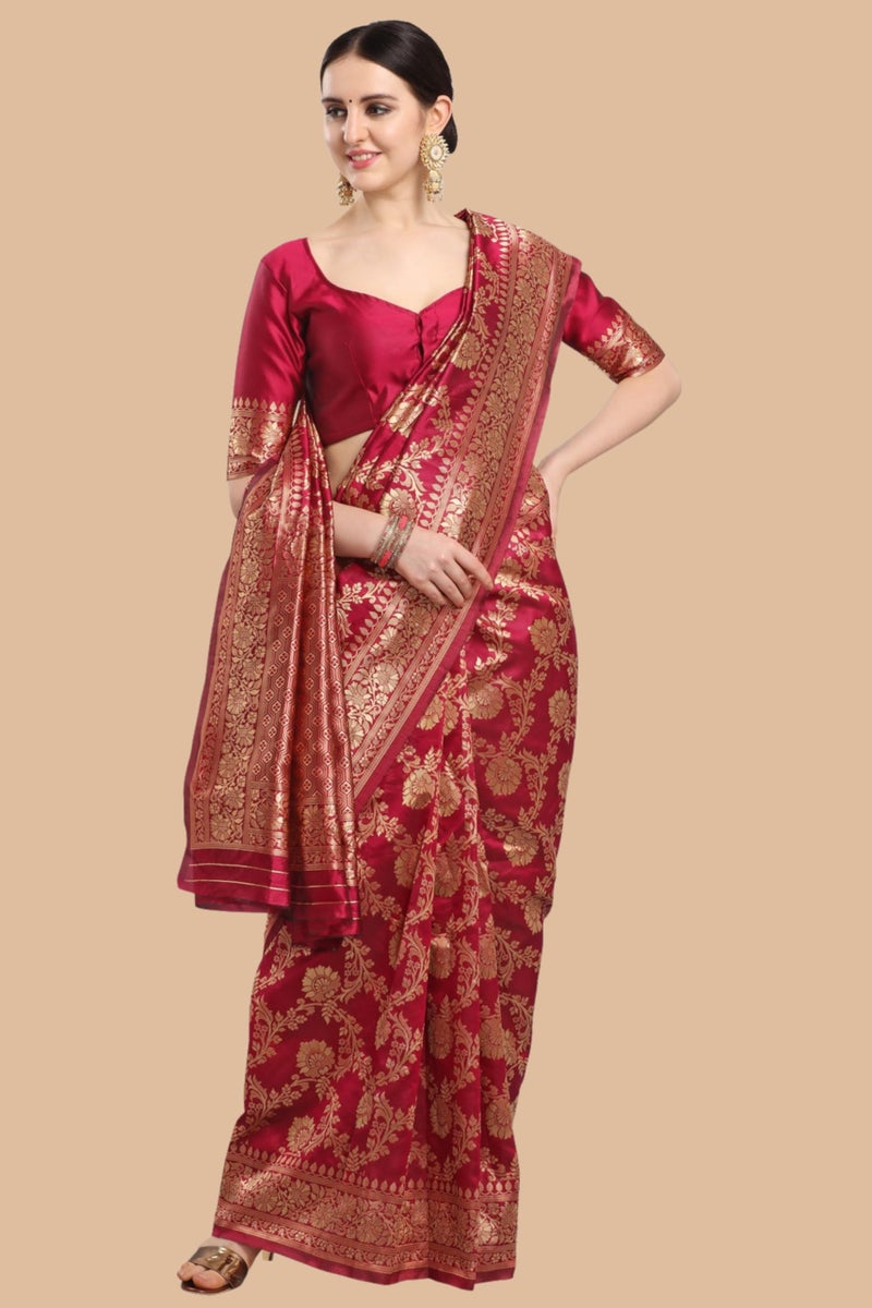 EthnicJunction Women's Banarasi Silk Jacquard Work Saree with Blouse Piece (Cherry Maroon), Maroon, One Size - Image 2