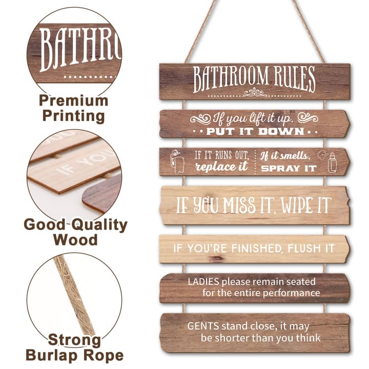 Ovveroche Western Bathroom Rules Bathroom Wall Decor, Wooden Farmhouse Hanging Sign, 12 x 26 Inches, Brown - Image 2