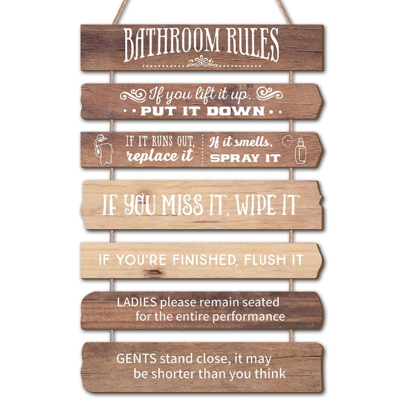 Ovveroche Western Bathroom Rules Bathroom Wall Decor, Wooden Farmhouse Hanging Sign, 12 x 26 Inches, Brown - Image 1