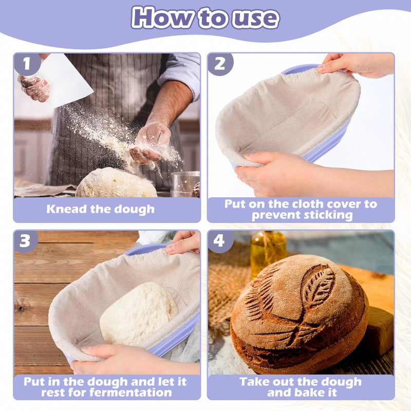 Nuogo 4 Pack Oval Bread Proofing Basket Silicone 10 Inch Collapsible Sourdough Bread Baking Supplies Dough Proofing Bowl with 4 Pcs Dough Scraper and 4 Pcs Basket Covers(Purple) - Image 3