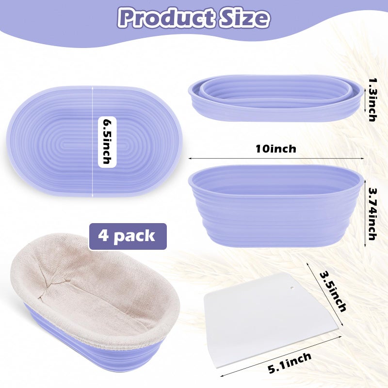 Nuogo 4 Pack Oval Bread Proofing Basket Silicone 10 Inch Collapsible Sourdough Bread Baking Supplies Dough Proofing Bowl with 4 Pcs Dough Scraper and 4 Pcs Basket Covers(Purple) - Image 2