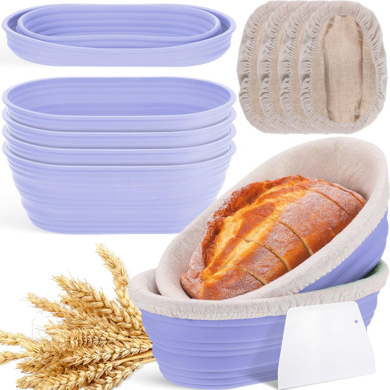 Nuogo 4 Pack Oval Bread Proofing Basket Silicone 10 Inch Collapsible Sourdough Bread Baking Supplies Dough Proofing Bowl with 4 Pcs Dough Scraper and 4 Pcs Basket Covers(Purple) - Image 1