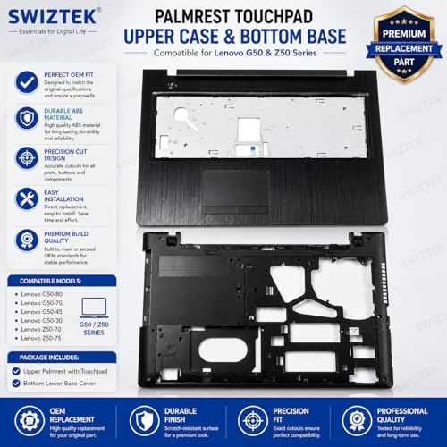 Swiztek Palmrest Touchpad Upper Case & Bottom Lower Case Base for Lenovo G50 Z50 Series G50-80 G50-70 G50-45 G50-30 Z50-70 Z50-75 (Black) - Image 2